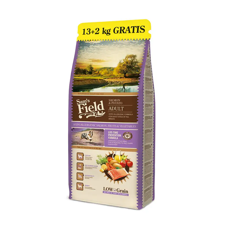 Sam's Field Low Grain Salmão & Batata Hipoalergénico 13Kg +2Kg Grátis