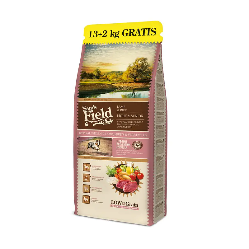 SAM'S FIELD LOW GRAIN ADULT DOG HYPOALLERGENIC LAMB LIGHT&SENIOR 13KG + 2KG GRÁTIS