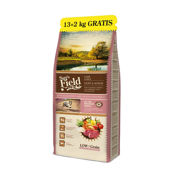 Sam's Field Low Grain Adult Dog Hypoallergenic Lamb Light & Sénior 13kg + 2Kg Grátis