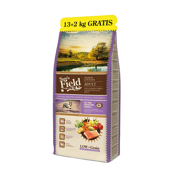 Sam's Field Low Grain Salmão & Batata Hipoalergénico 13Kg +2Kg Grátis