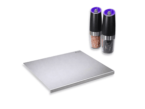 Set Gourmet: Salero y Pimentero Eléctrico y Tabla de Picar en Acero Inoxidable