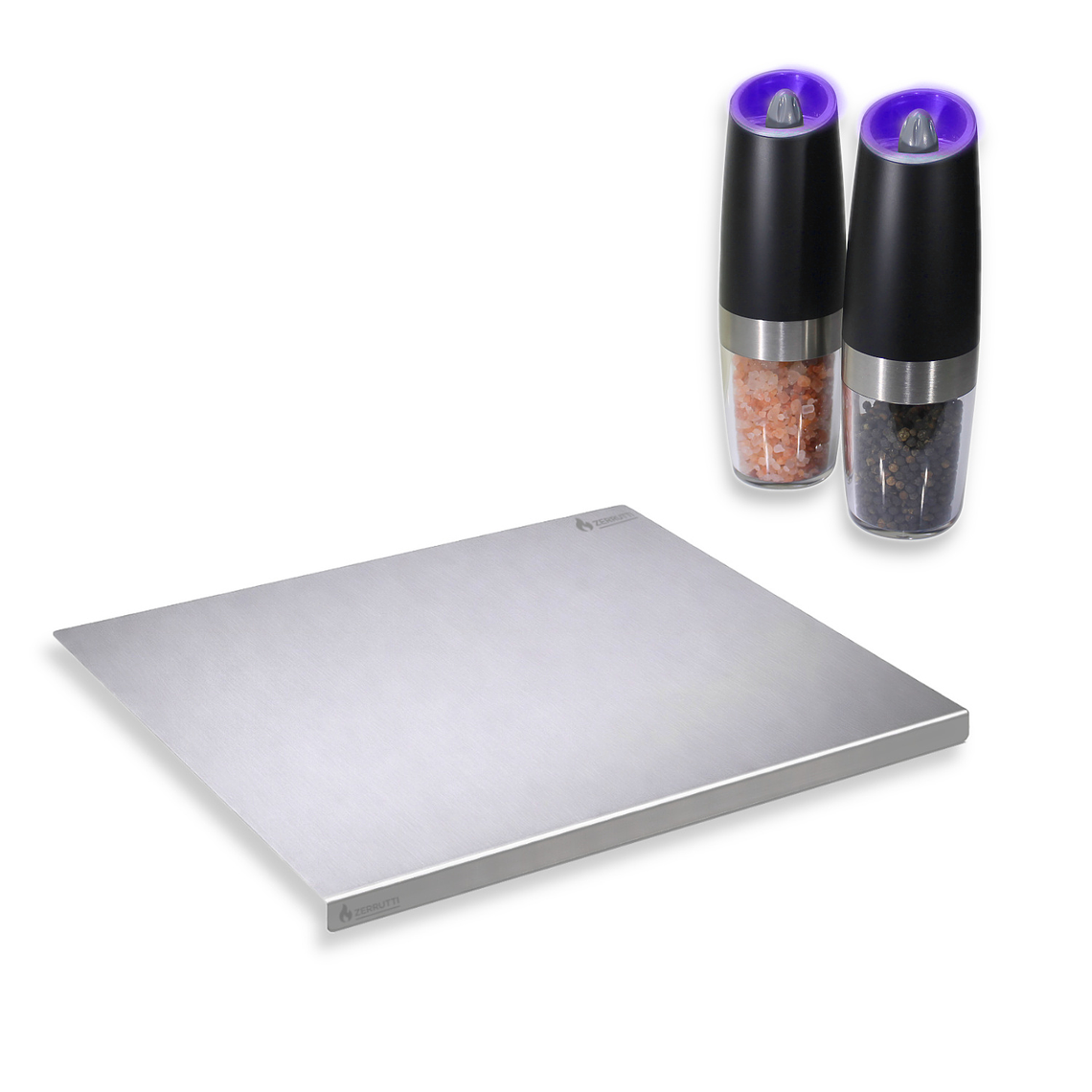 Set Gourmet: Salero y Pimentero Eléctrico y Tabla de Picar en Acero Inoxidable 1