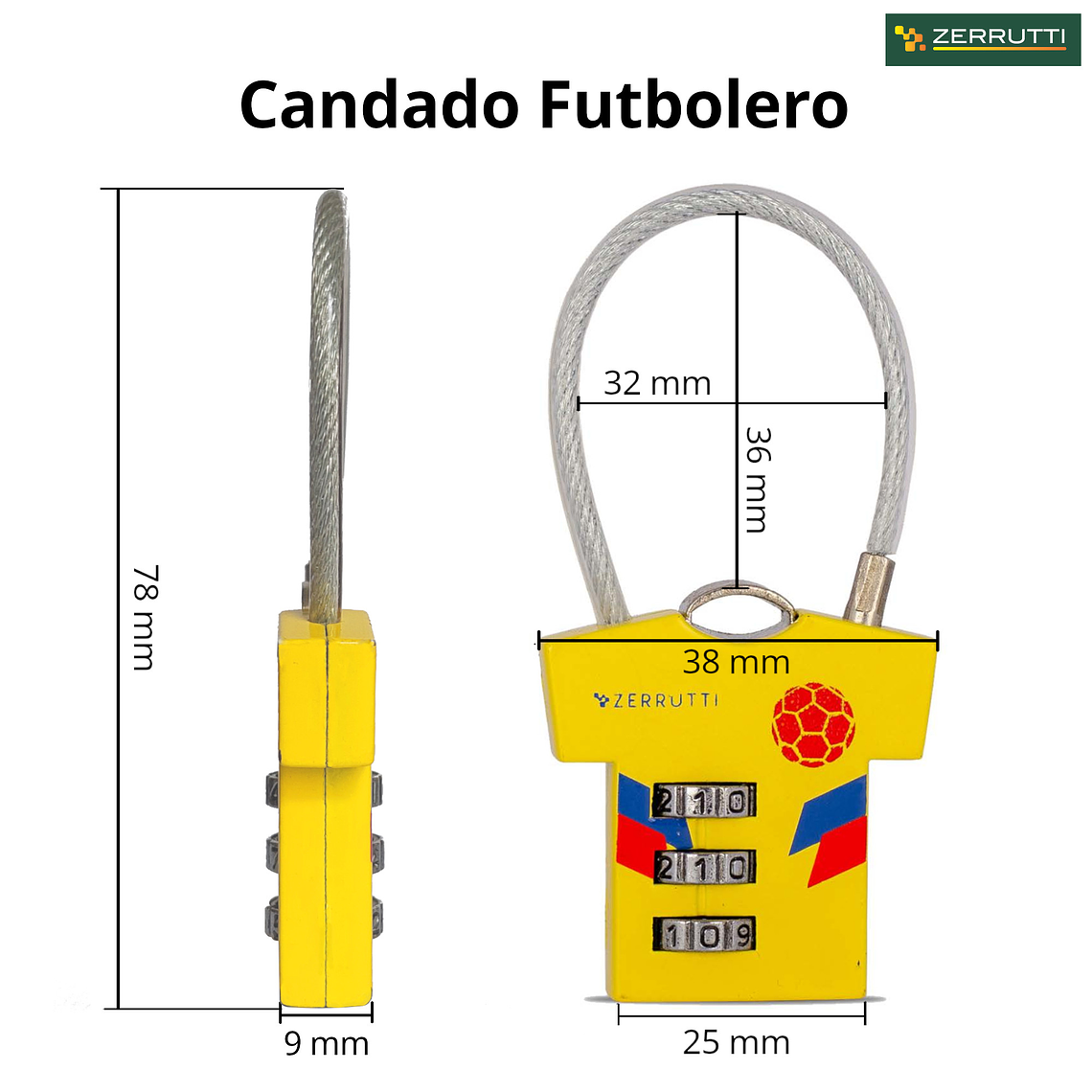 Candado Futbolero, Clave, Guaya en Acero, Colombia. Caja 12 Blisters 5