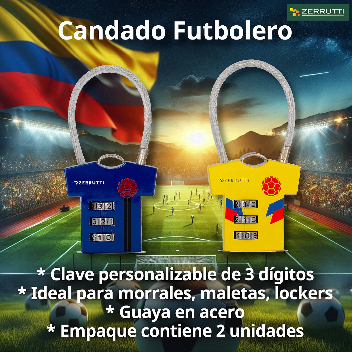 Candado Futbolero, Clave, Guaya en Acero, Colombia. Caja 12 Blisters 4