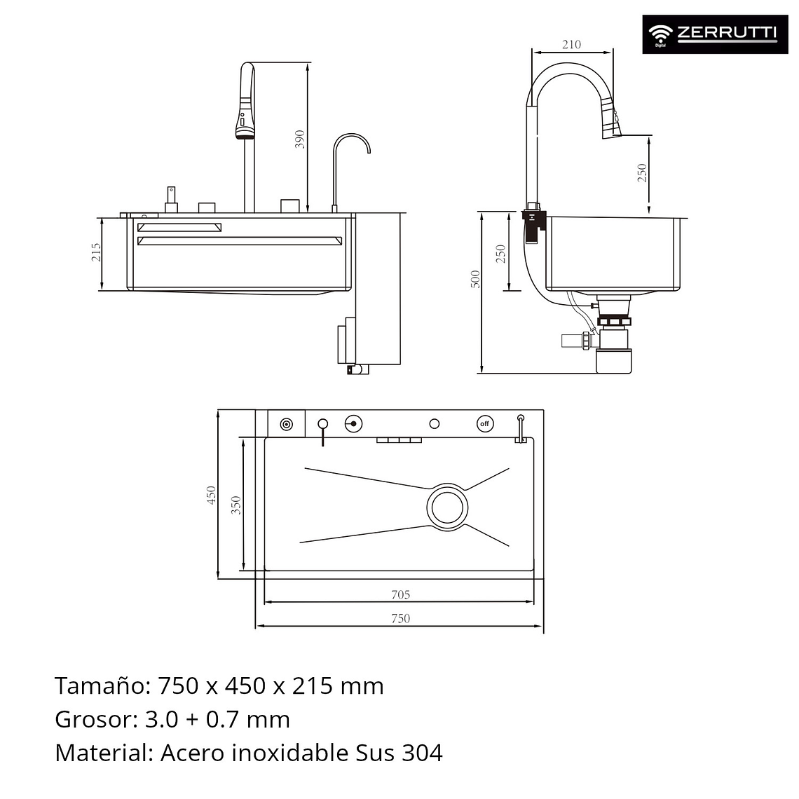 Lavaplatos Moderno Multifuncional 9951 en Acero Inoxidable. 75x45 Cm 3