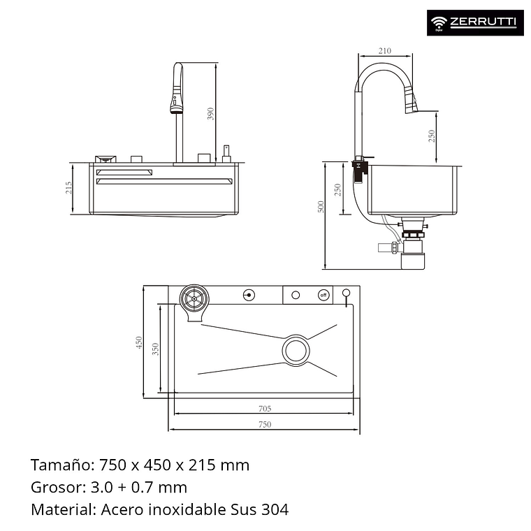 Lavaplatos Moderno Multifuncional 9954 en Acero Inoxidable. 75x45 Cm 5