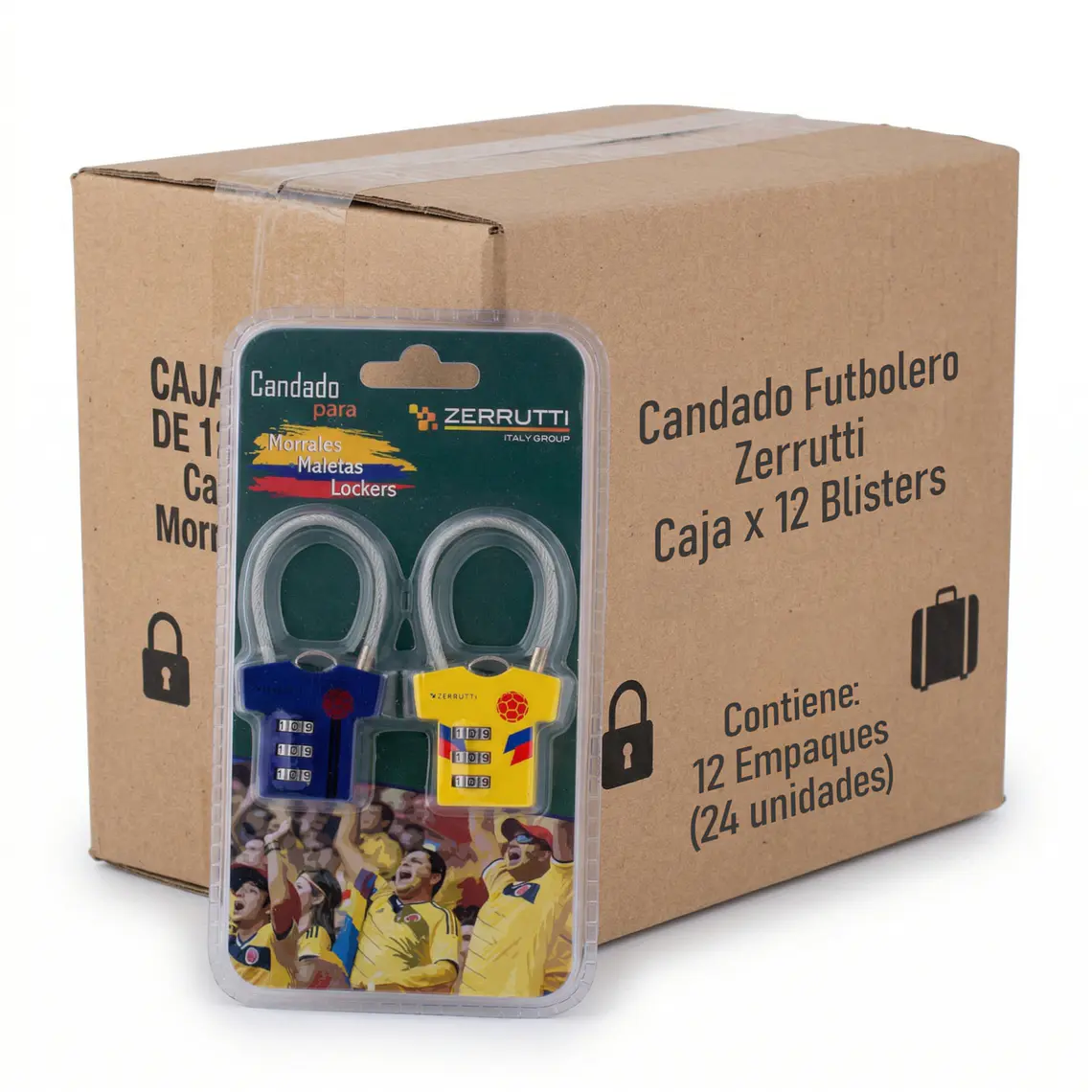 Candado Futbolero, Clave, Guaya en Acero, Colombia. Caja 12 Blisters 1