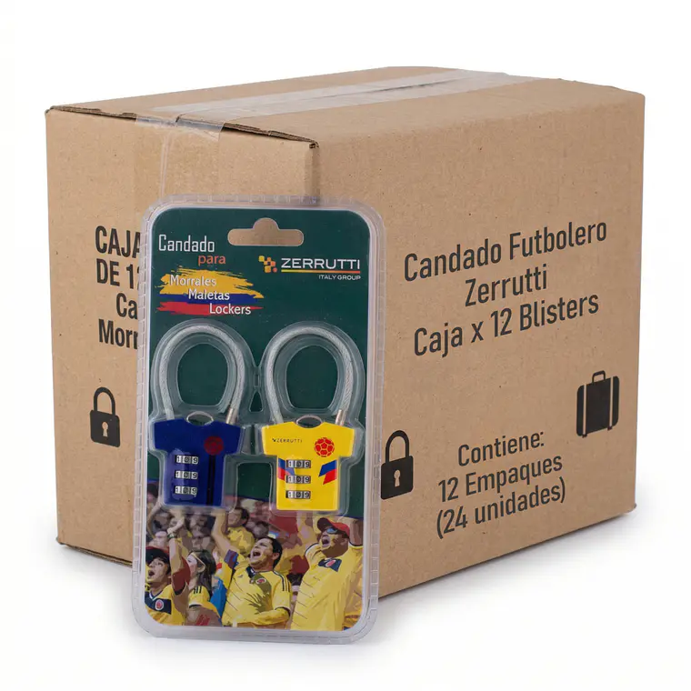 Candado Futbolero, Clave, Guaya en Acero, Colombia. Caja 12 Blisters 1
