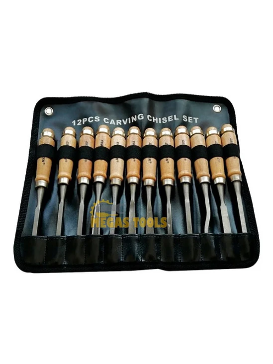 Set 12 Gubias Profesional Acero Mango Madera + Estuche Cuero 1