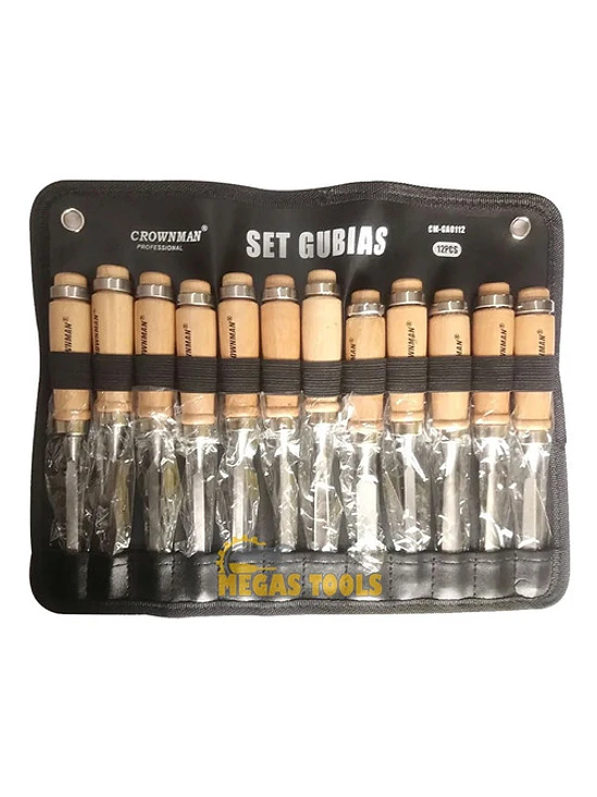 Set 12 Gubias Profesional Acero Mango Madera + Estuche Cuero 2