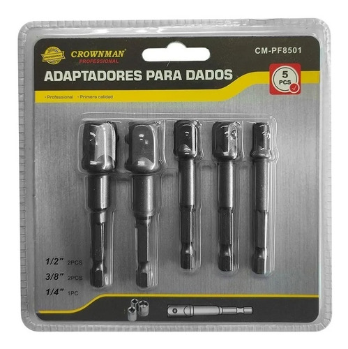 5 Adaptadores Dados Cuadrante 1/2 - 3/8 - 1/4 Extension