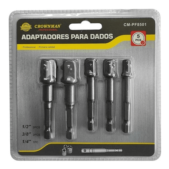 5 Adaptadores Dados Cuadrante 1/2 - 3/8 - 1/4 Extension 