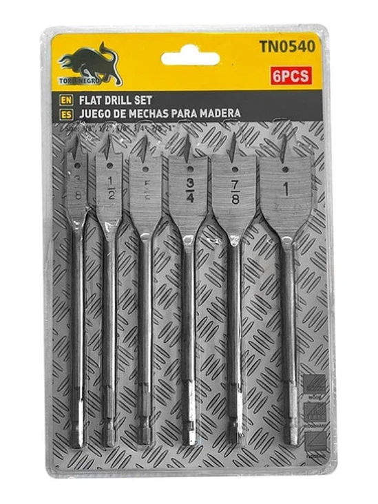 Broca Mecha Plana Madera 6pc 3/8 - 1/2 - 5/8 - 3/4 - 7/8 - 1 1
