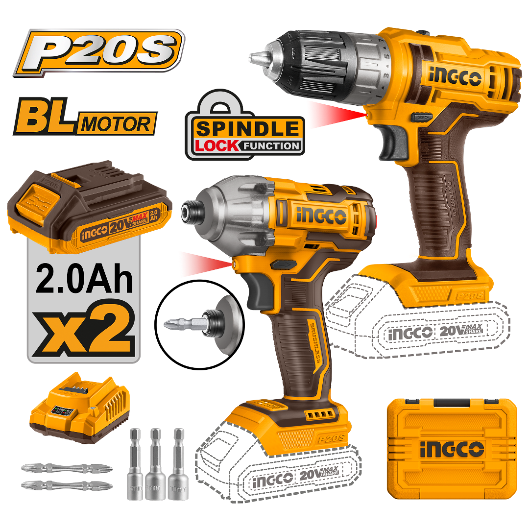 Kit  Atornillador Impacto Y Taladro Inalámbrico Ingco 20v