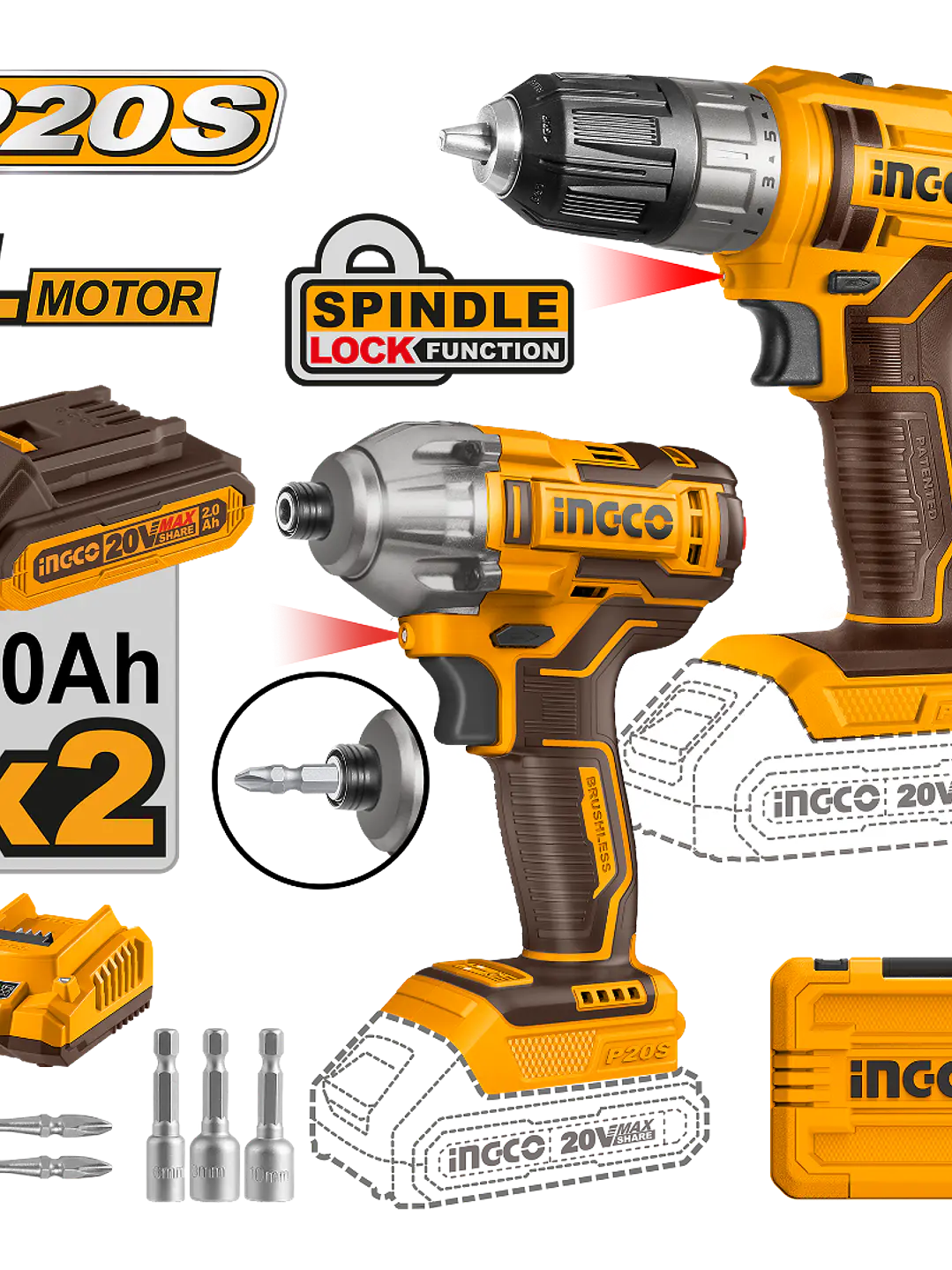 Kit  Atornillador Impacto Y Taladro Inalámbrico Ingco 20v 1