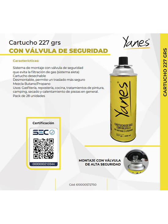 CARTUCHO YANES GAS 227 GR 2