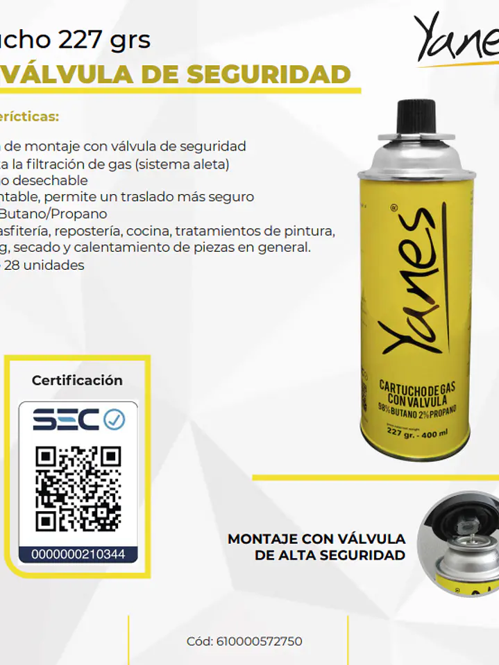 CARTUCHO YANES GAS 227 GR 2