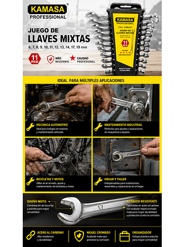 Juego de Llaves Mixtas Punta Corona Kamasa 11 Piezas Cr-V Profesional 4