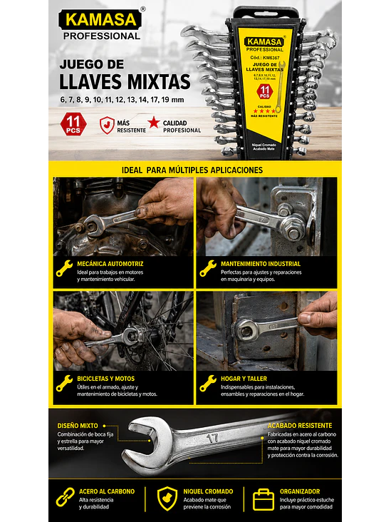 Juego de Llaves Mixtas Punta Corona Kamasa 11 Piezas Cr-V Profesional 4