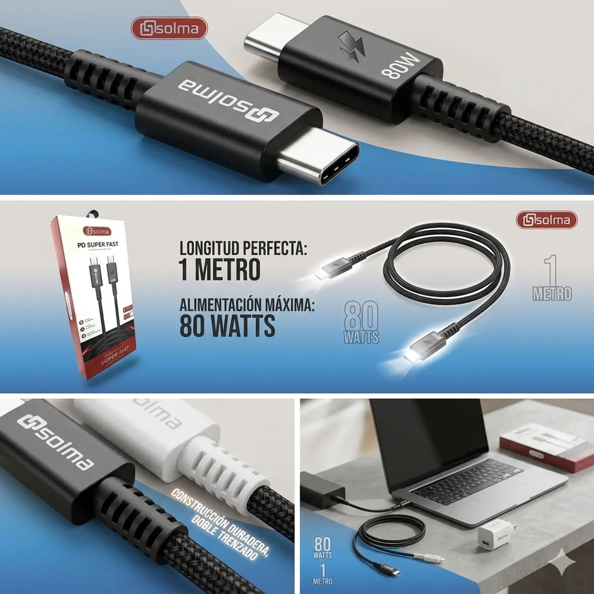 Cable USB Tipo C de Carga Súper Rápida Solma 80W (1 Metro) 2