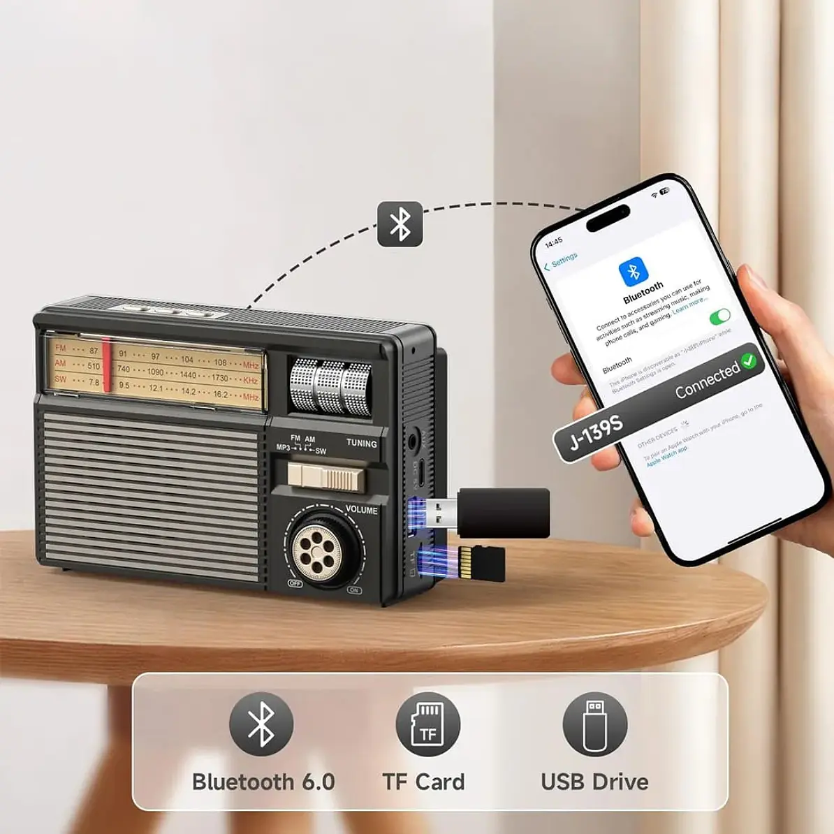 Radio Retro Solar Bluetooth AM/FM Modelo TS-969S Tasbel 4