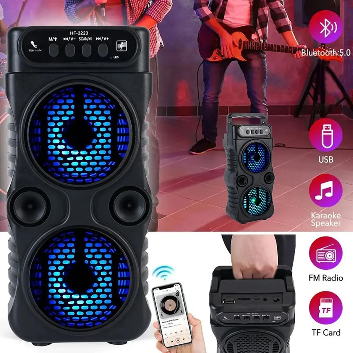 Parlante Bluetooth Portátil Karaoke Luces Led Usb Fm Tasbel 4