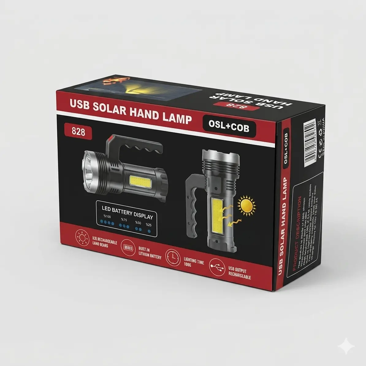  Linterna de Mano LED Recargable Solar y USB Modelo 828 4