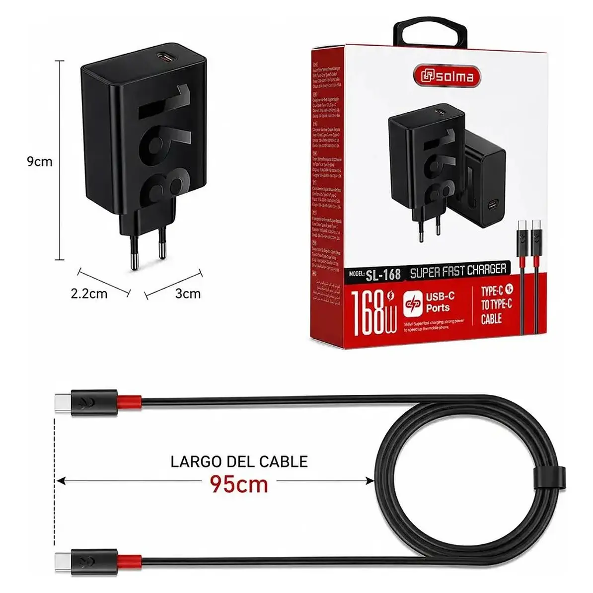 Cargador GaN Solma 168w Carga Rapida Con Cable Tipo C A C 3