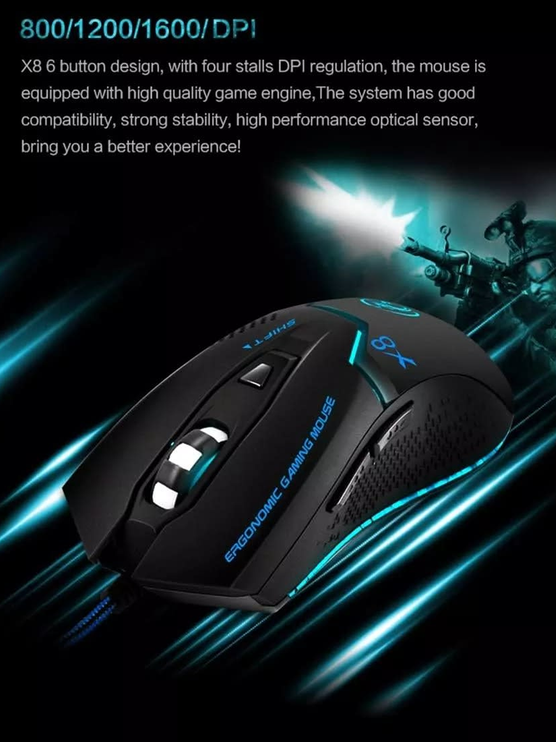 Mouse Gamer X8 Ergonomico Rgb 6000 Dpi Led Cable 1,8 Metros 3