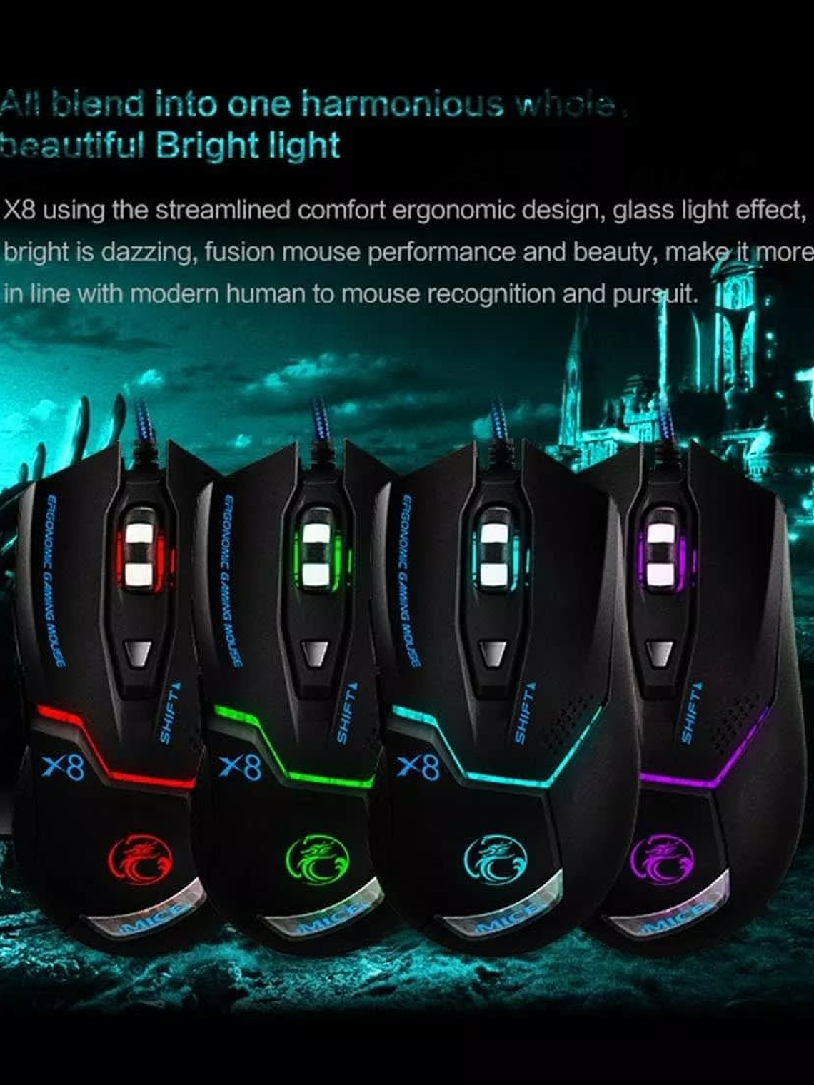 Mouse Gamer X8 Ergonomico Rgb 6000 Dpi Led Cable 1,8 Metros 6