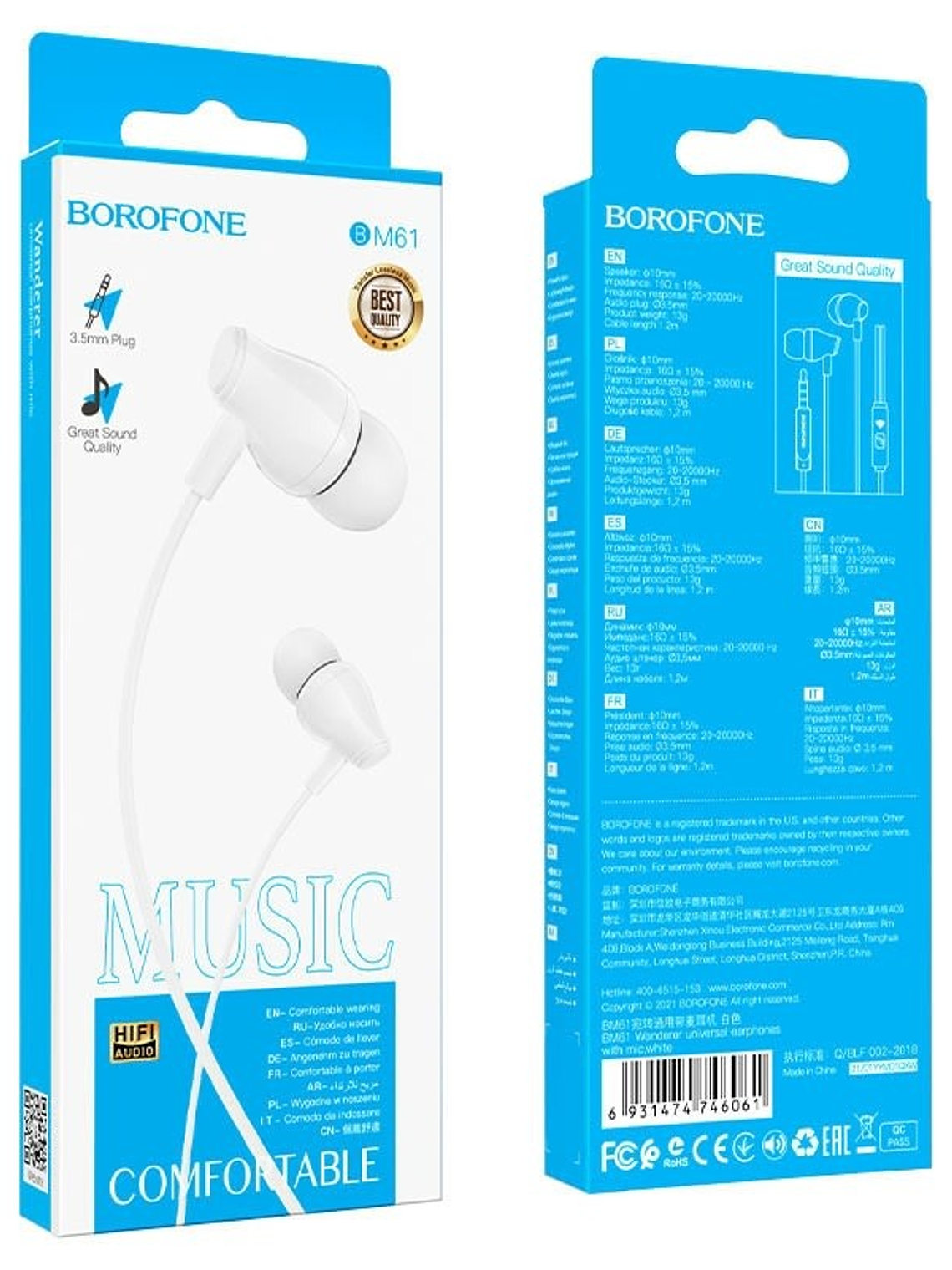 Audifonos In Ear Jack 3.5mm BM61 Borofone - Color Blanco 2