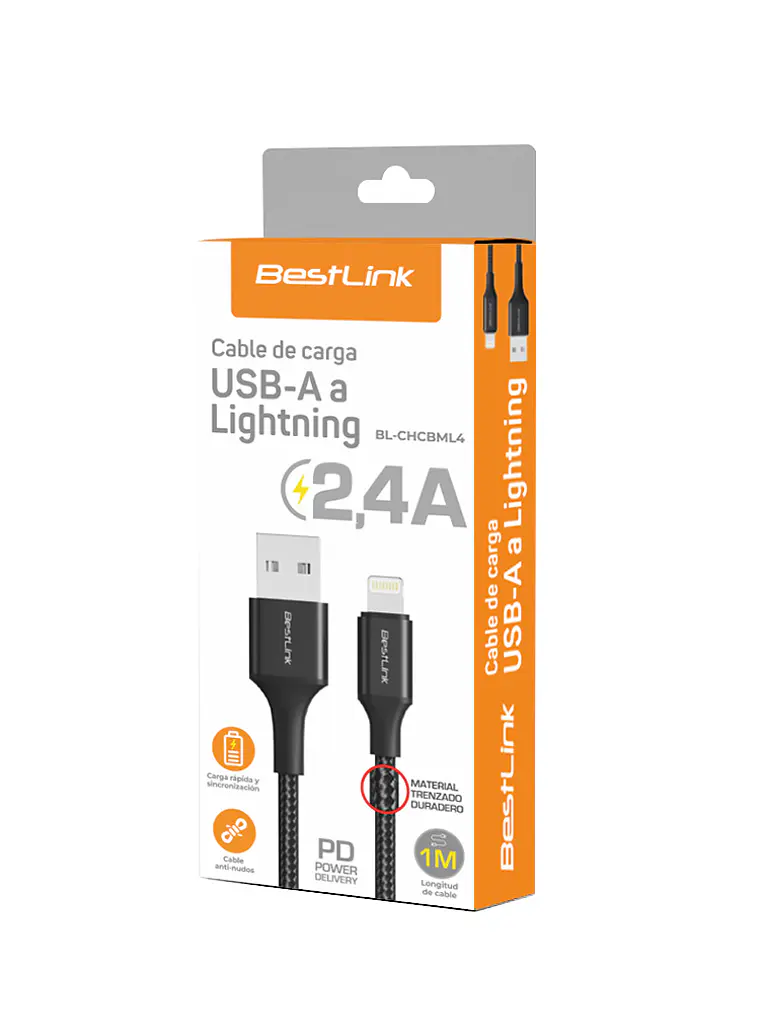 Cable de carga USB-A a Lightning 2,4A Trenzado BestLink 1