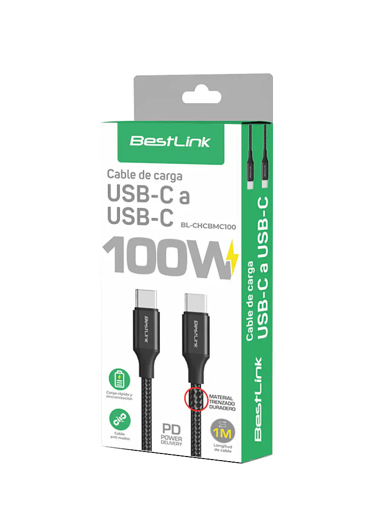 Cable de carga USB-C a USB-C 100W Trenzado / Mod. BL-CHCBMC100 1