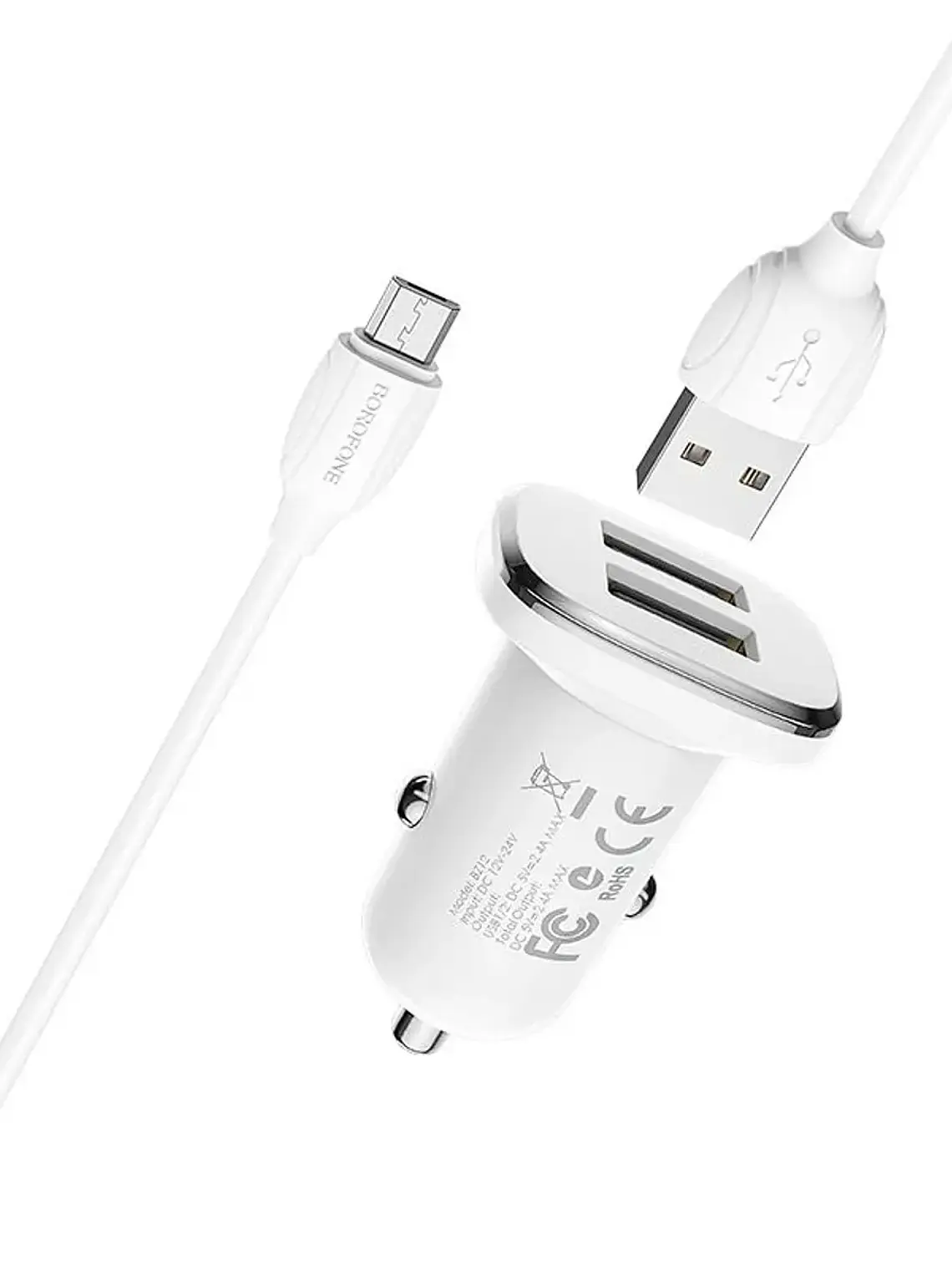 Cargador + Cable Micro Usb Para Auto BZ12 Borofone Color Blanco 2