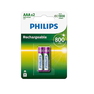  Pack de 2 Pilas Recargables Ni-Mh Ready AAA 800mAh Philips