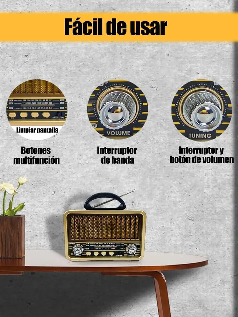 Radio Portatil Mini Retro Vintage Am/SW/FM Bluetooth Tasbel 4
