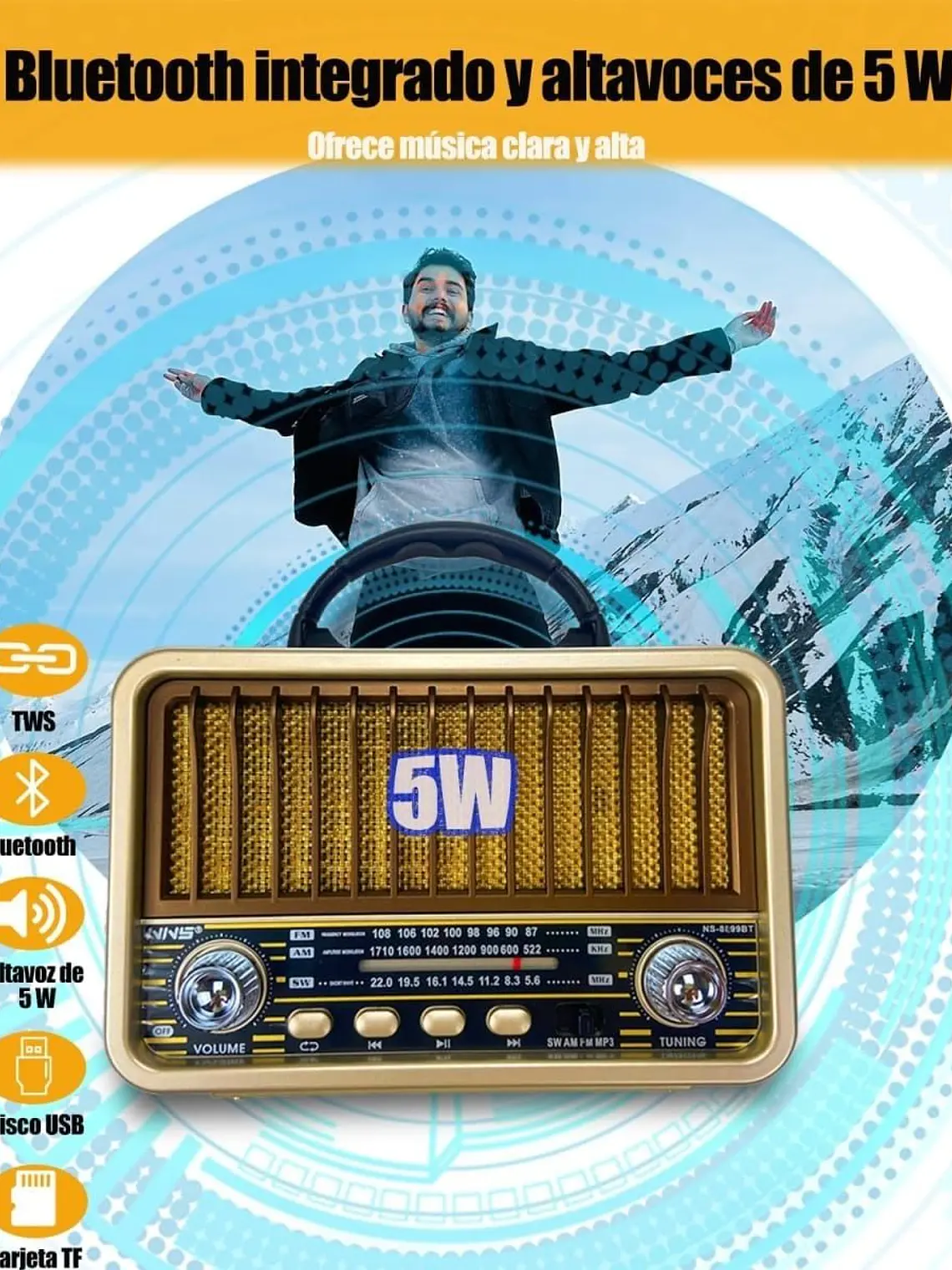 Radio Portatil Mini Retro Vintage Am/SW/FM Bluetooth Tasbel 5