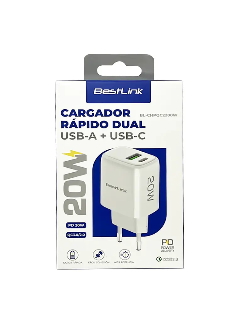 Cargador Carga Rápida 20W Dual USB-A + USB-C BestLink 1