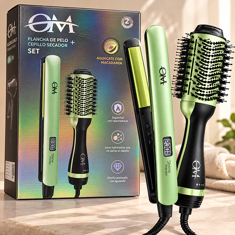 Set OM Plancha de Pelo + Cepillo Secador con Aguacate y Macadamia