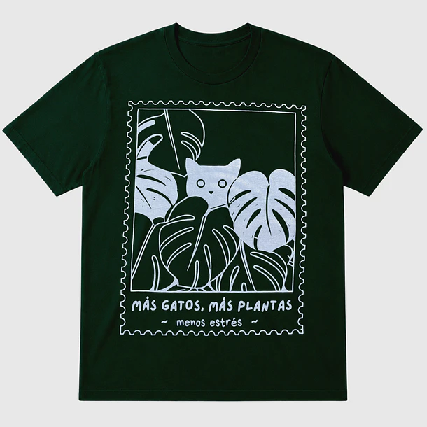Polera Gatos y Plantas- Verde Botella