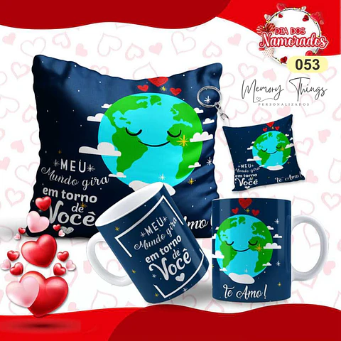 Pack Almofada 20x20 + Caneca + Porta chaves  Namorados 