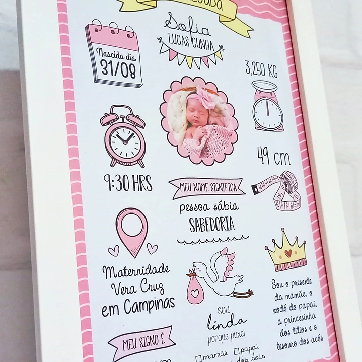Quadro de nascimento personalizado com dados do bebé 6
