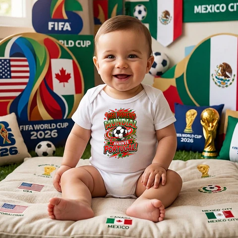Bodys de Bebé Mundial 2026 | 100% Algodão & DTF |