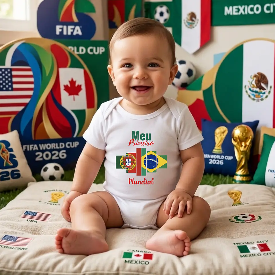 Bodys de Bebé Mundial 2026 | 100% Algodão & DTF | 2