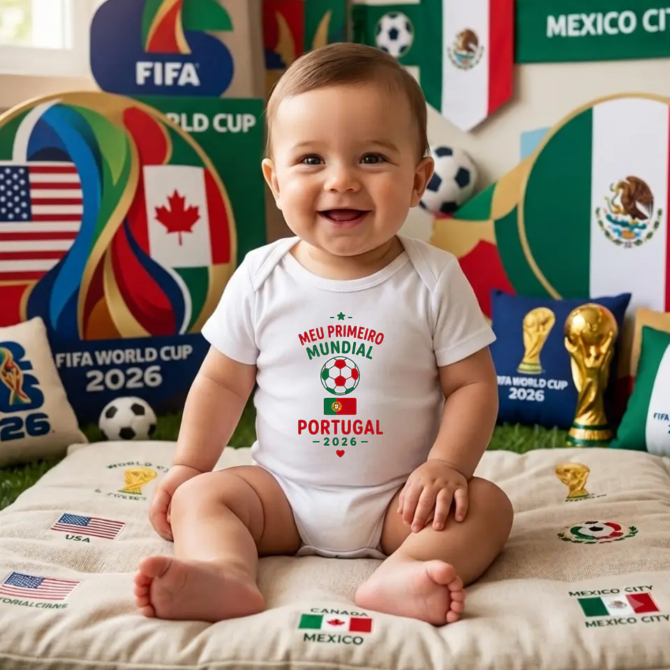 Bodys de Bebé Mundial 2026 | 100% Algodão & DTF | 3