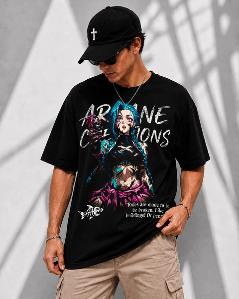 T-shirt League of Legends Jinx Arcane – Coleção Gaming Vintage Style