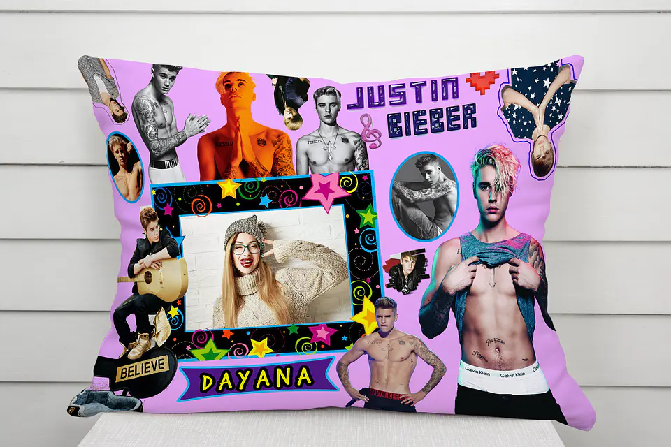 Almofada Justin Bieber Personalizada com Foto e Nome – Coleção Belieber Pop Star 1