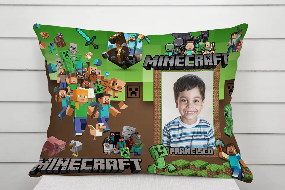 Almofada Minecraft Personalizada com Foto e Nome – Coleção Gamer Pixel & Crafting 1