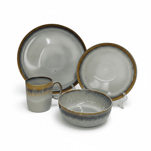 JGO VAJILLA STONEWARE X 16PZA GLASEADO TRICOLOR GRIS BORDE MARRON Y001  (OCS)