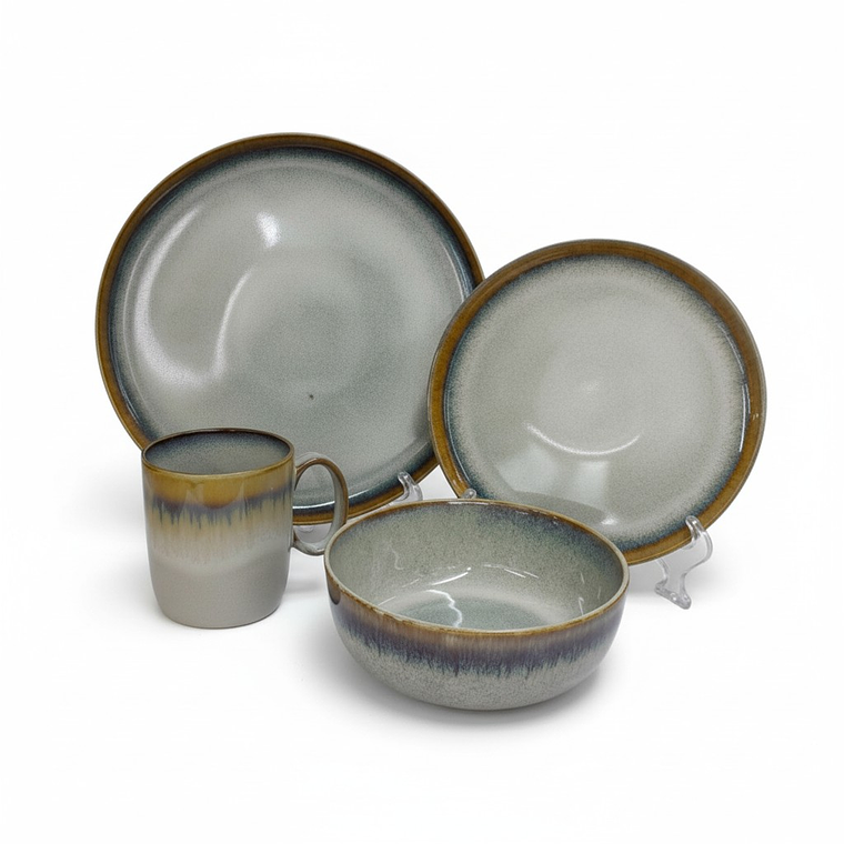 JGO VAJILLA STONEWARE X 16PZA GLASEADO TRICOLOR GRIS BORDE MARRON Y001  (OCS) 1